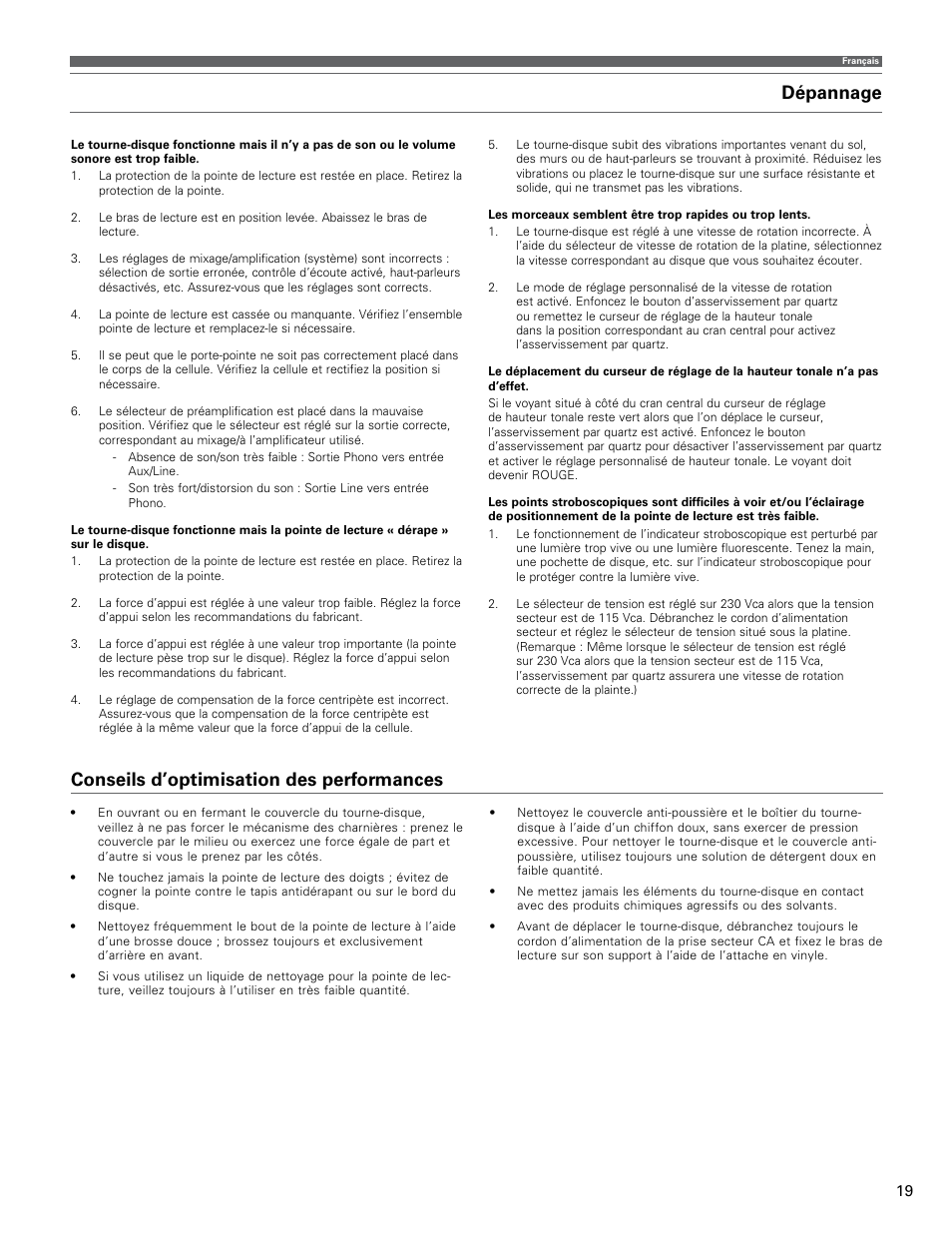 Dépannage, Conseils d’optimisation des performances | Audio-Technica AT-LP120-USB User Manual | Page 19 / 32