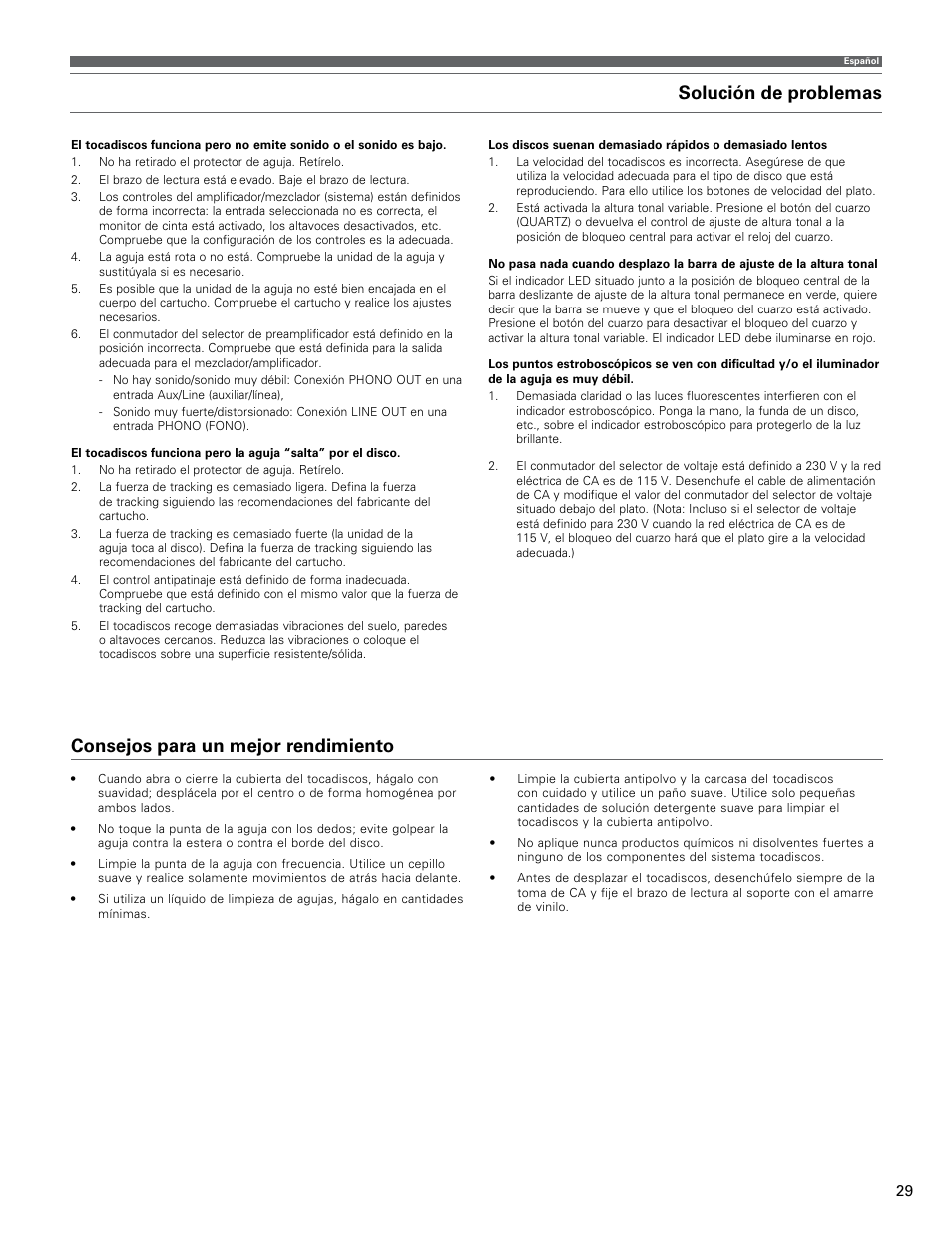 Solución de problemas, Consejos para un mejor rendimiento | Audio-Technica AT-LP120-USB User Manual | Page 29 / 32
