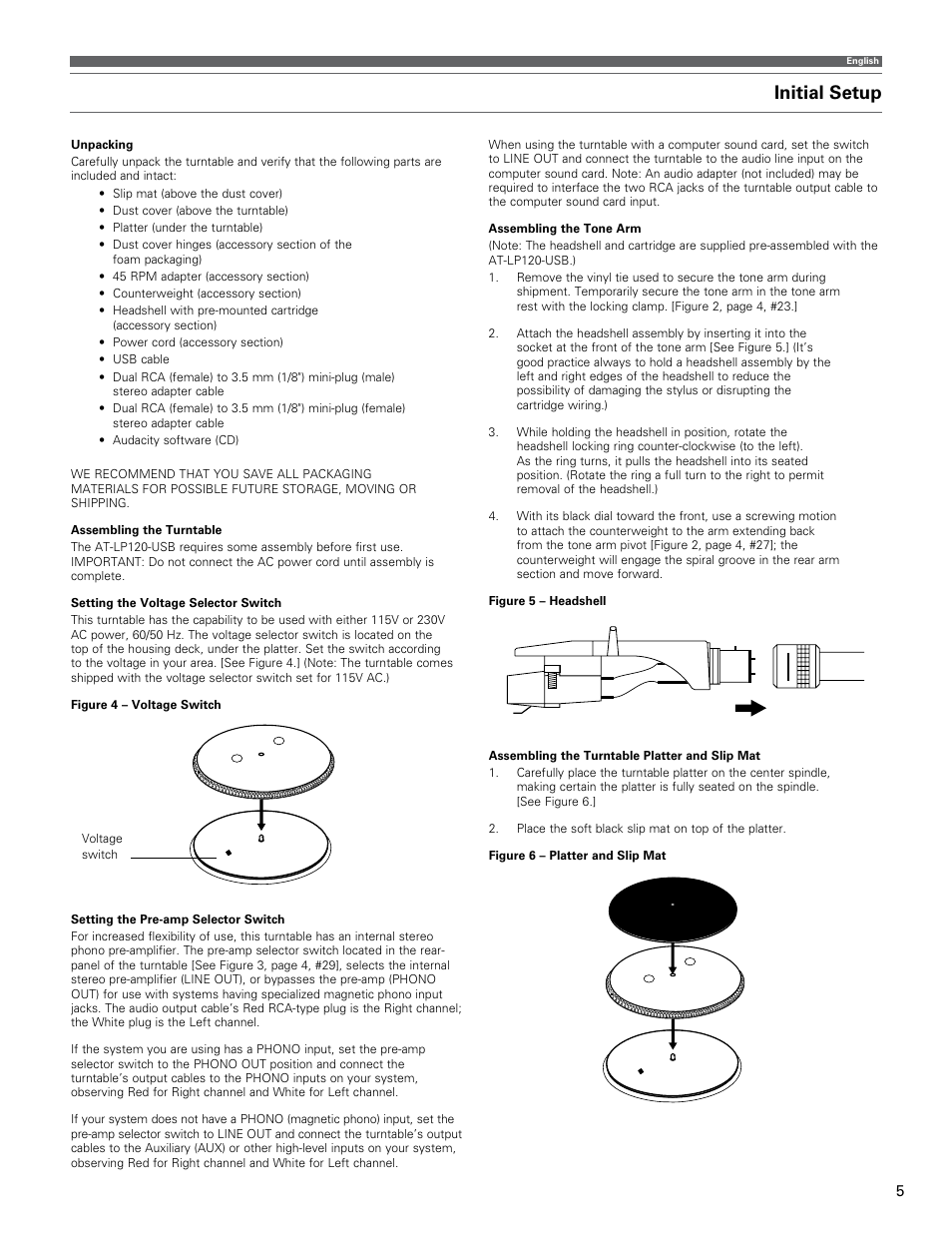 Initial setup | Audio-Technica AT-LP120-USB User Manual | Page 5 / 32