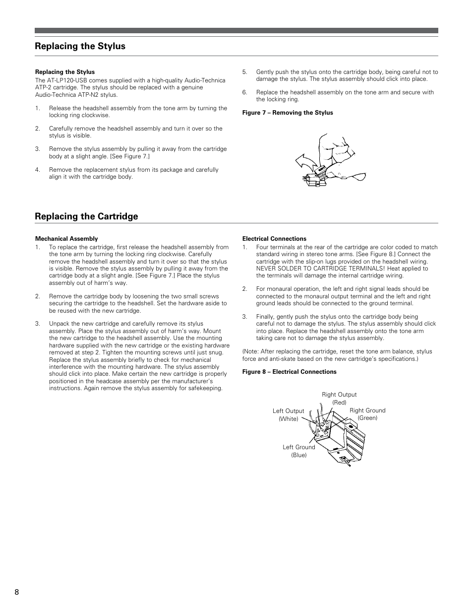 Replacing the stylus, Replacing the cartridge | Audio-Technica AT-LP120-USB User Manual | Page 8 / 32