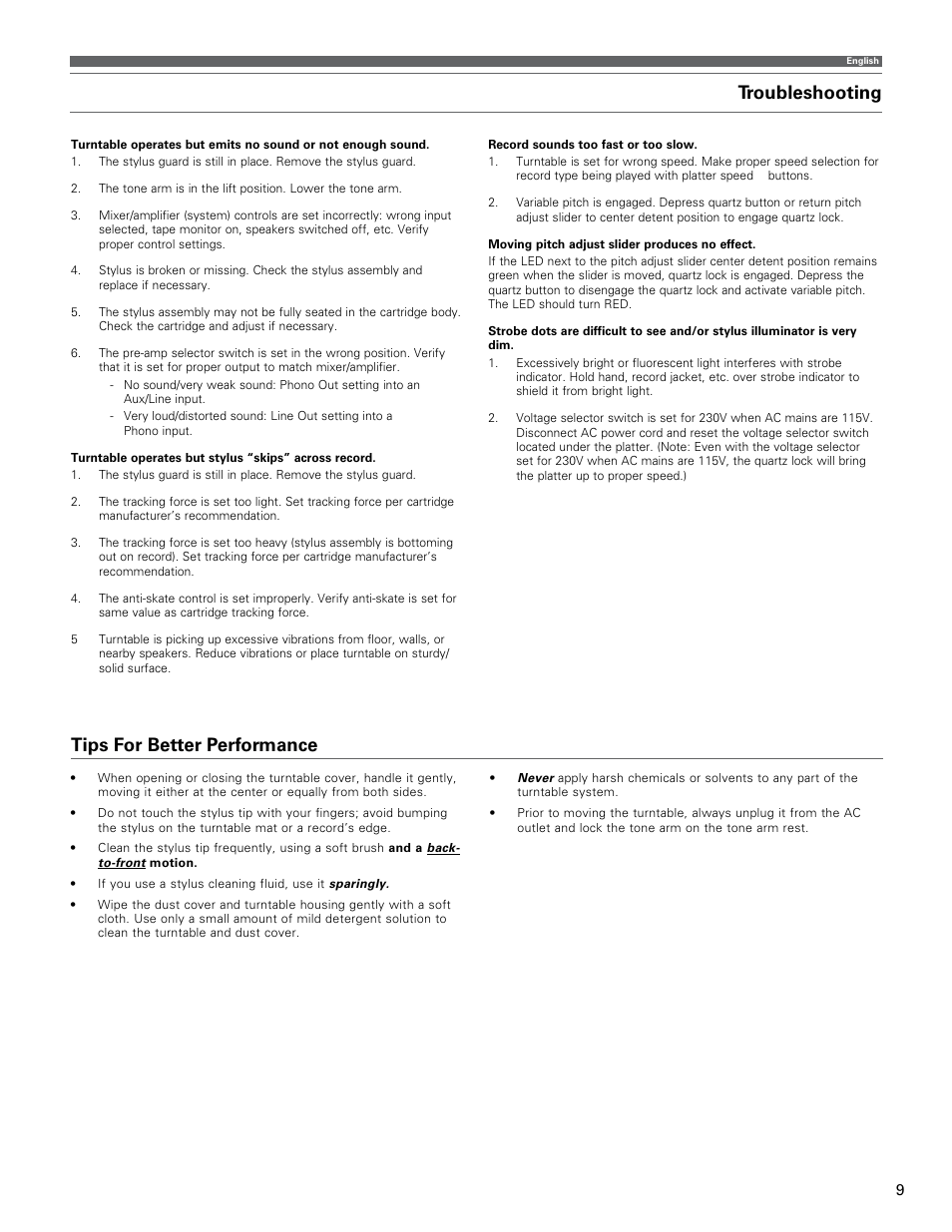 Troubleshooting, Tips for better performance | Audio-Technica AT-LP120-USB User Manual | Page 9 / 32