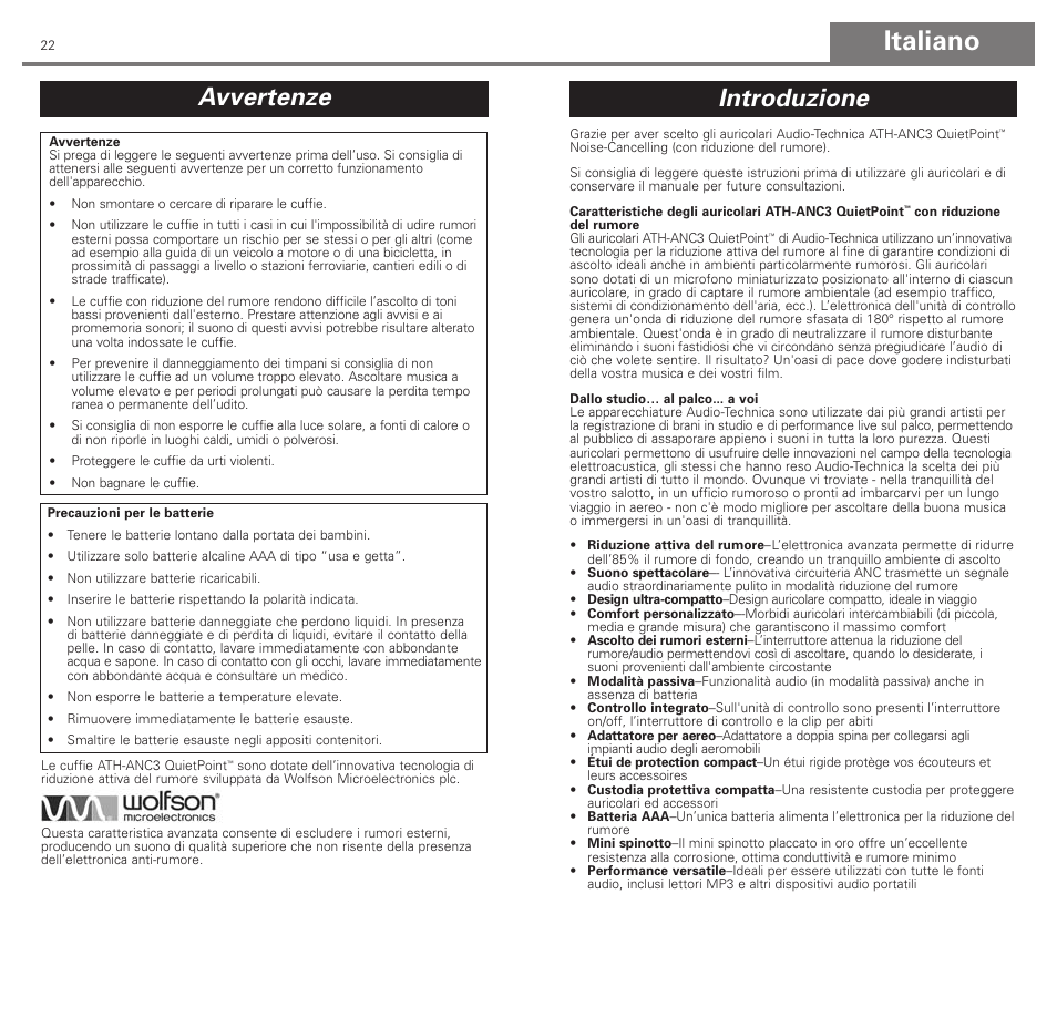 Italiano, Avvertenze, Introduzione | Audio-Technica ATH-ANC3 User Manual | Page 12 / 21