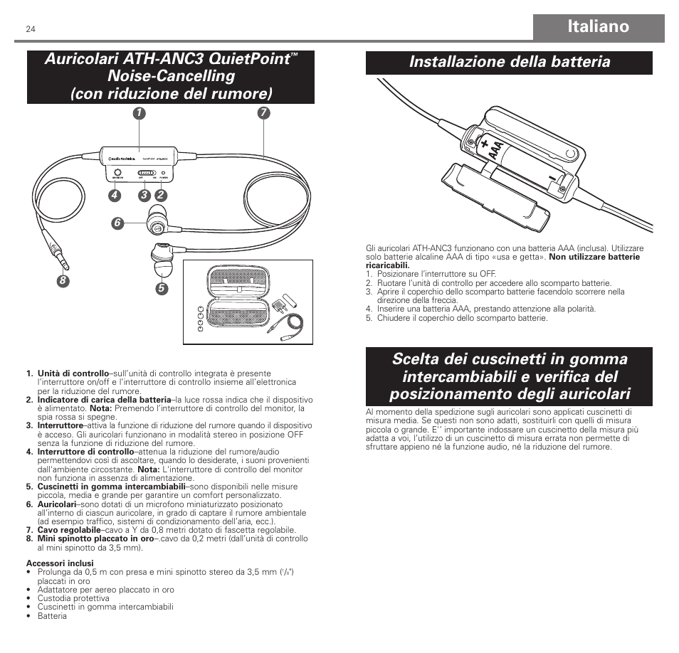 Italiano, Auricolari ath-anc3 quietpoint, Noise-cancelling (con riduzione del rumore) | Audio-Technica ATH-ANC3 User Manual | Page 13 / 21