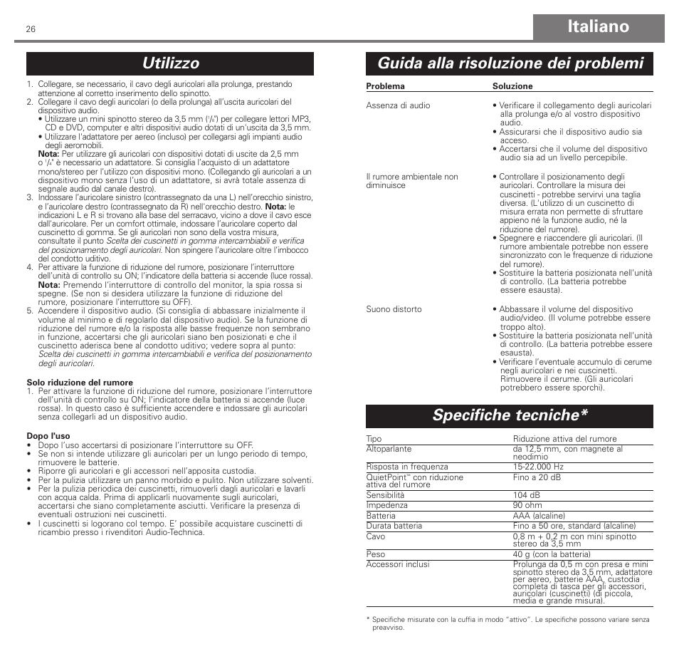 Italiano, Utilizzo, Guida alla risoluzione dei problemi | Specifiche tecniche | Audio-Technica ATH-ANC3 User Manual | Page 14 / 21