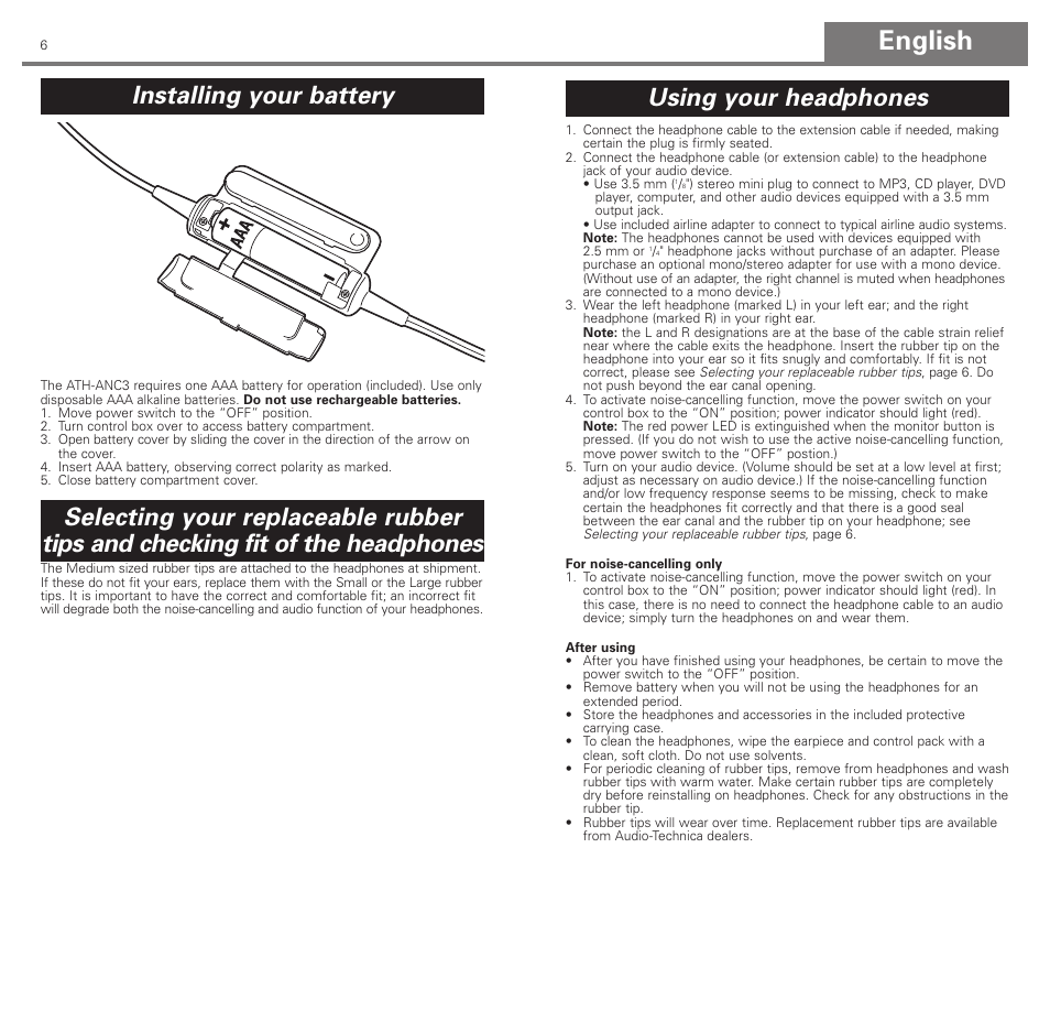 English, Using your headphones | Audio-Technica ATH-ANC3 User Manual | Page 4 / 21