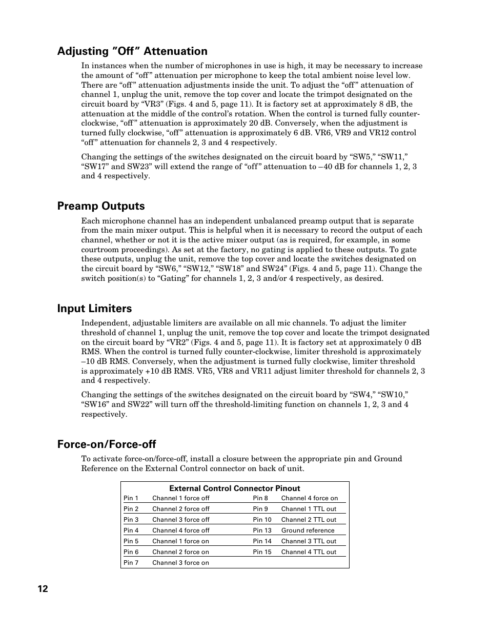 Adjusting ”off” attenuation, Preamp outputs, Input limiters | Force-on/force-off | Audio-Technica SMARTMIXER AT-MX351 User Manual | Page 11 / 15