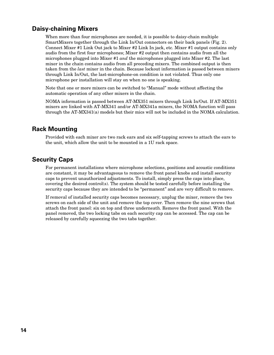 Daisy-chaining mixers, Rack mounting, Security caps | Audio-Technica SMARTMIXER AT-MX351 User Manual | Page 13 / 15