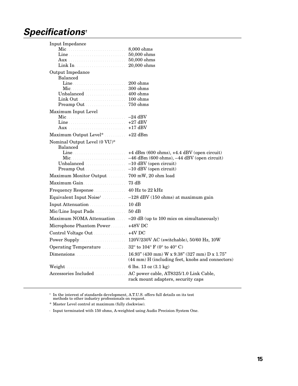 Specifications | Audio-Technica SMARTMIXER AT-MX351 User Manual | Page 14 / 15