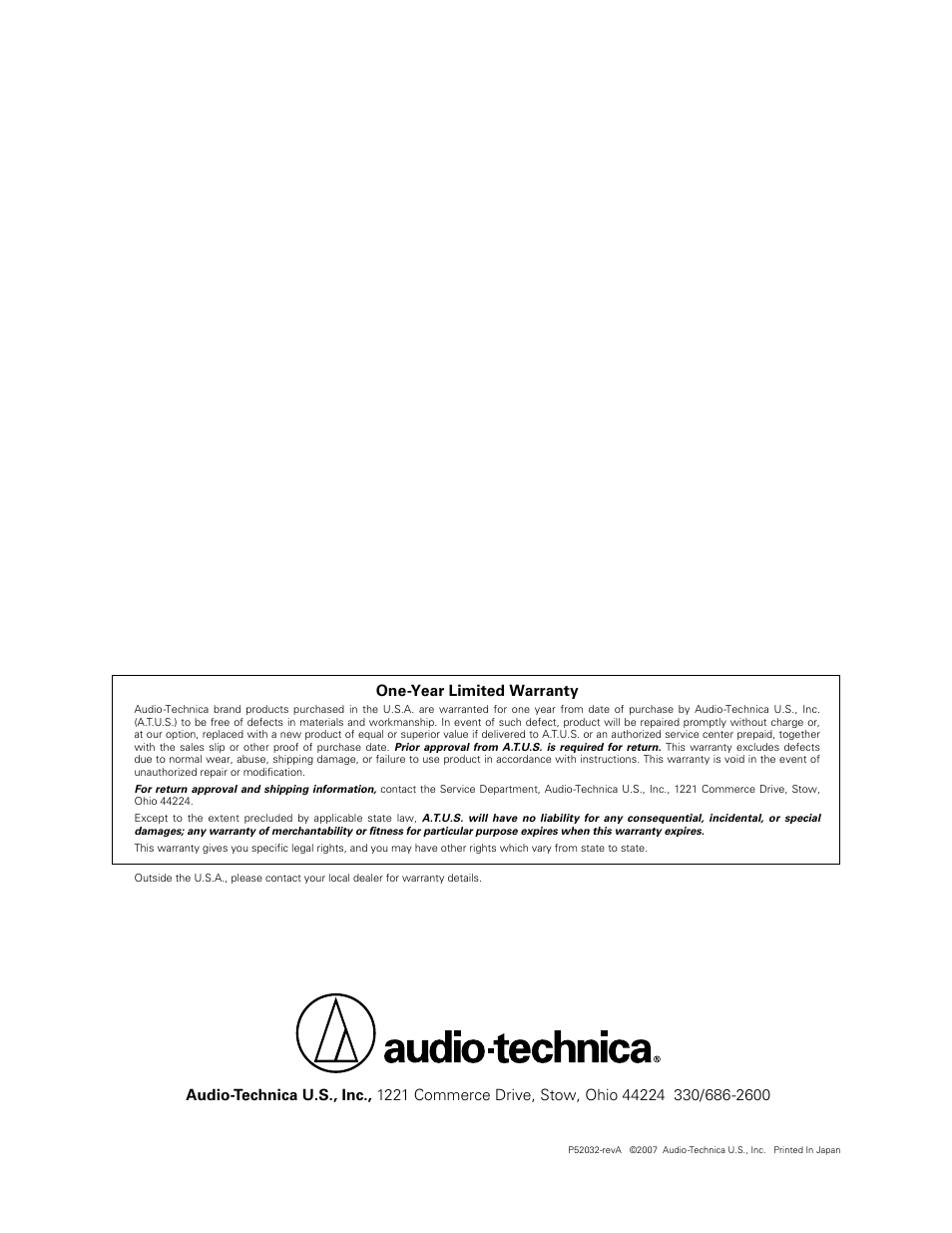 One-year limited warranty | Audio-Technica SMARTMIXER AT-MX351 User Manual | Page 15 / 15