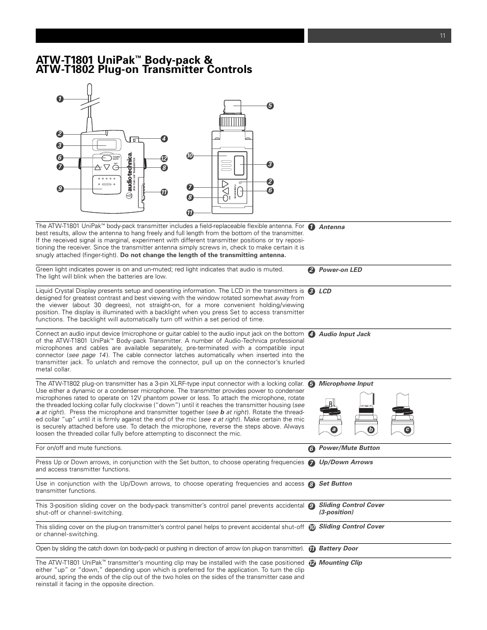 Atw-t, Unipak, Body-pack & atw-t | Plug-on transmitter controls | Audio-Technica ATW- 1821 User Manual | Page 11 / 16