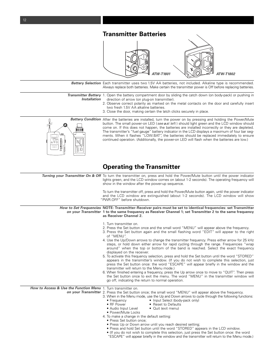 Transmitter batteries, Operating the transmitter | Audio-Technica ATW- 1821 User Manual | Page 12 / 16