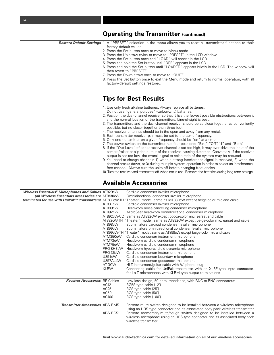 Operating the transmitter, Tips for best results, Available accessories | Audio-Technica ATW- 1821 User Manual | Page 14 / 16