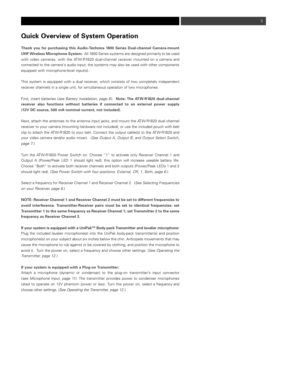 Quick overview of system operation | Audio-Technica ATW- 1821 User Manual | Page 5 / 16