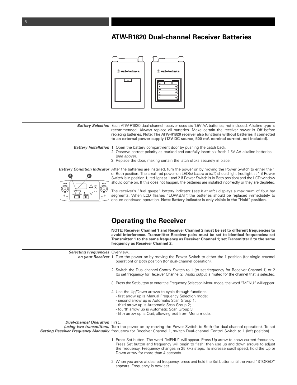 Atw-r1820 dual-channel receiver batteries, Operating the receiver | Audio-Technica ATW- 1821 User Manual | Page 8 / 16