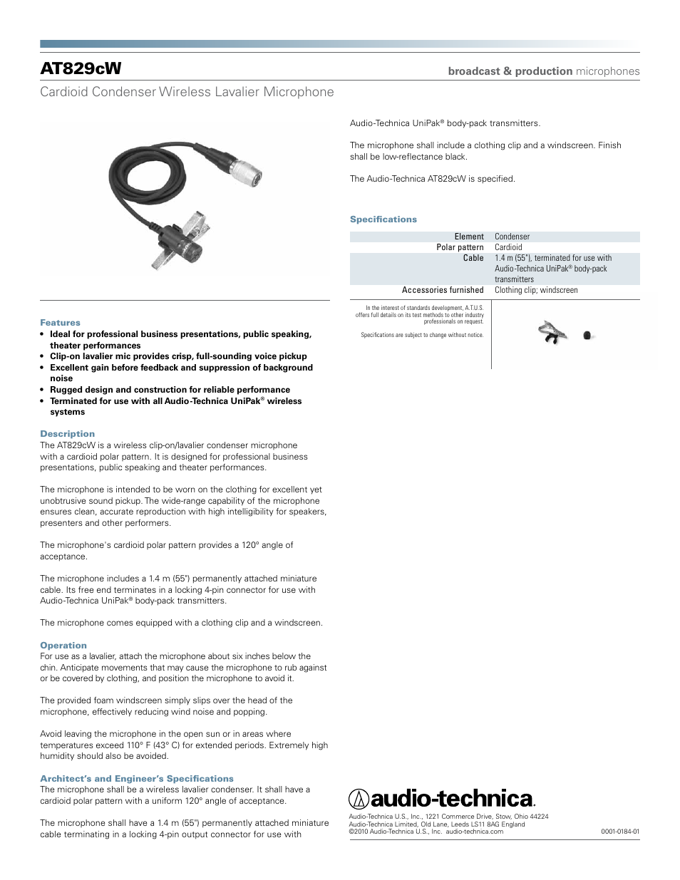 Audio-Technica AT829cW User Manual | 1 page