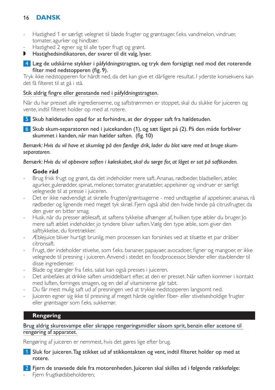 Gode råd, Rengøring | Philips Aluminium Collection Entsafter User Manual | Page 16 / 112