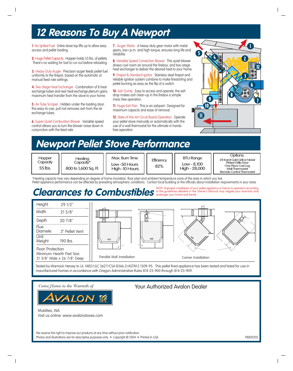 12 reasons to buy a newport, Newport pellet stove performance, Clearances to combustibles | Your authorized avalon dealer | Avalon Stoves Pellet Burning Stove User Manual | Page 2 / 2