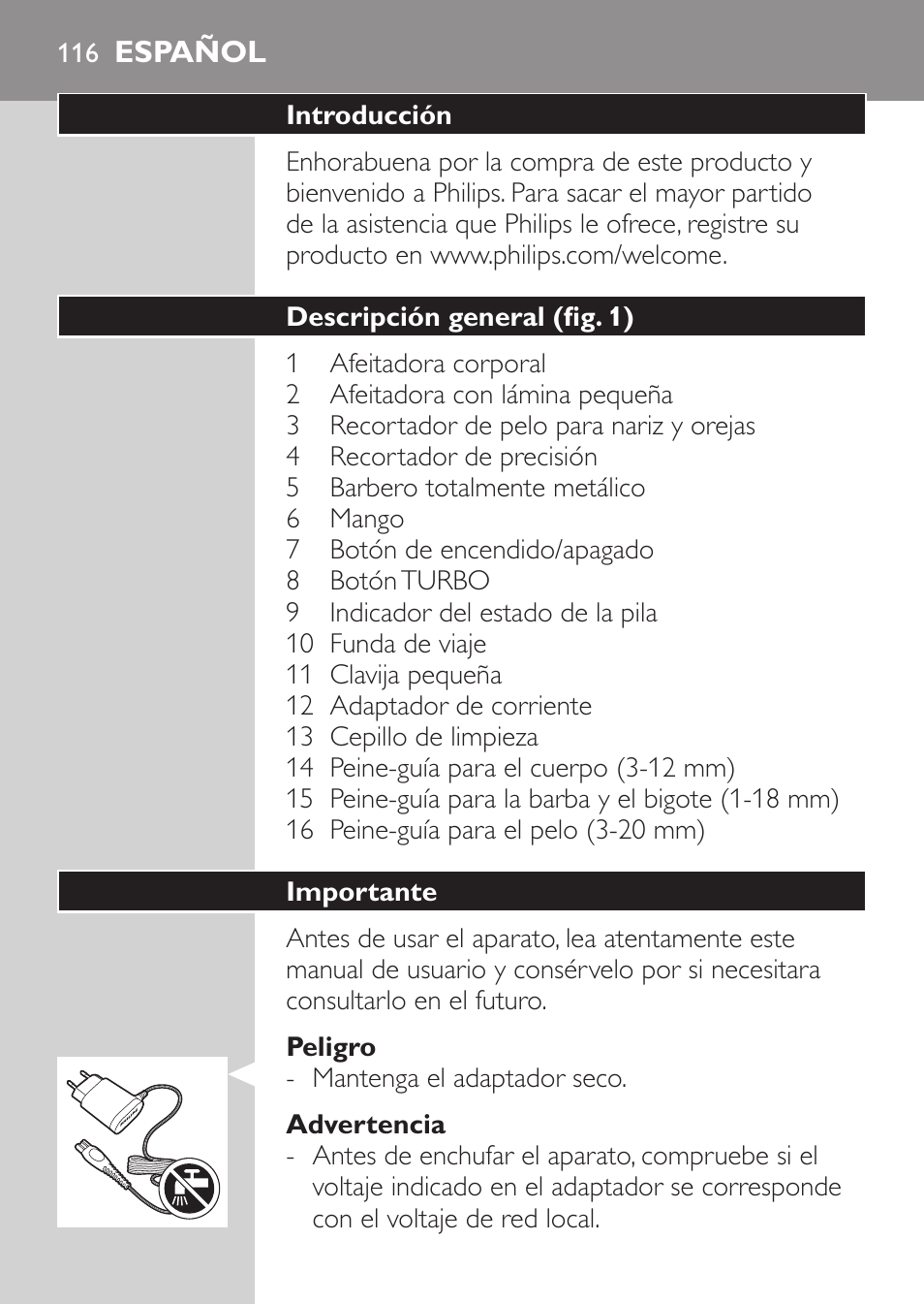 Español | Philips MULTIGROOM Series 5000 Wasserdichtes Multitrim-Set GESICHT HAAR User Manual | Page 116 / 210