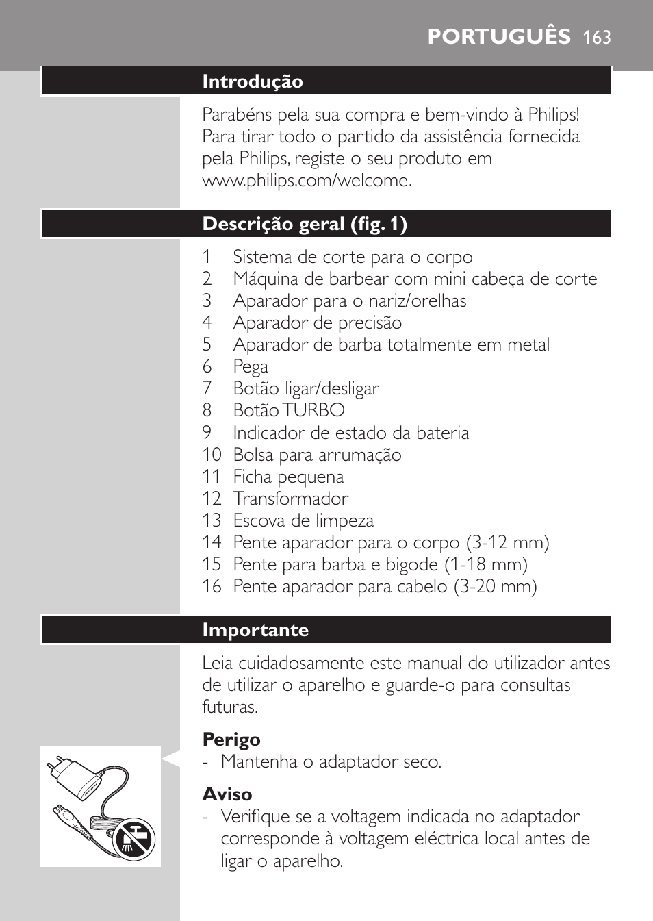Português | Philips MULTIGROOM Series 5000 Wasserdichtes Multitrim-Set GESICHT HAAR User Manual | Page 163 / 210