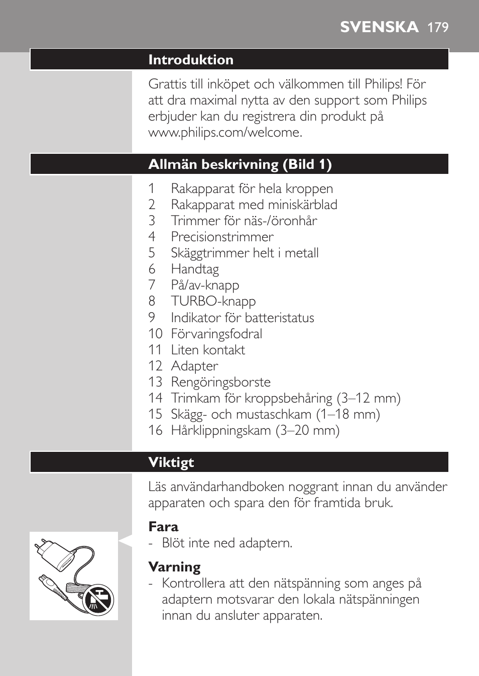 Svenska, Svenska 17 | Philips MULTIGROOM Series 5000 Wasserdichtes Multitrim-Set GESICHT HAAR User Manual | Page 179 / 210