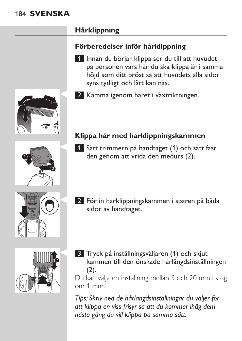 Svenska | Philips MULTIGROOM Series 5000 Wasserdichtes Multitrim-Set GESICHT HAAR User Manual | Page 184 / 210