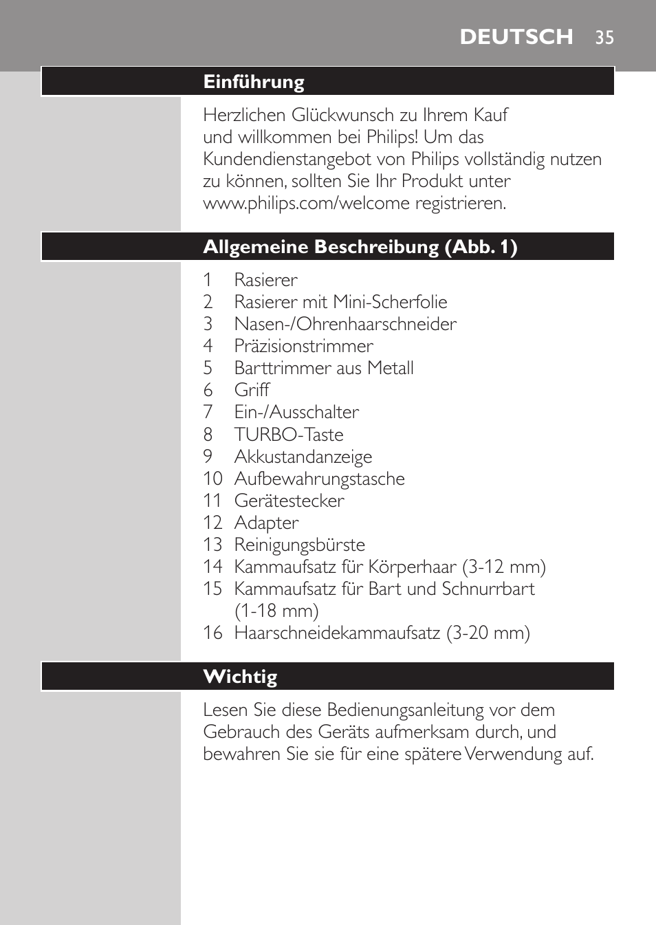 Deutsch, Deutsch 35 | Philips MULTIGROOM Series 5000 Wasserdichtes Multitrim-Set GESICHT HAAR User Manual | Page 35 / 210