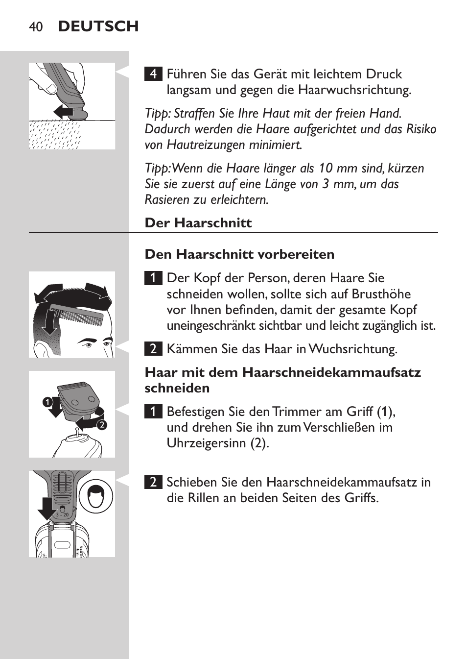 Deutsch | Philips MULTIGROOM Series 5000 Wasserdichtes Multitrim-Set GESICHT HAAR User Manual | Page 40 / 210