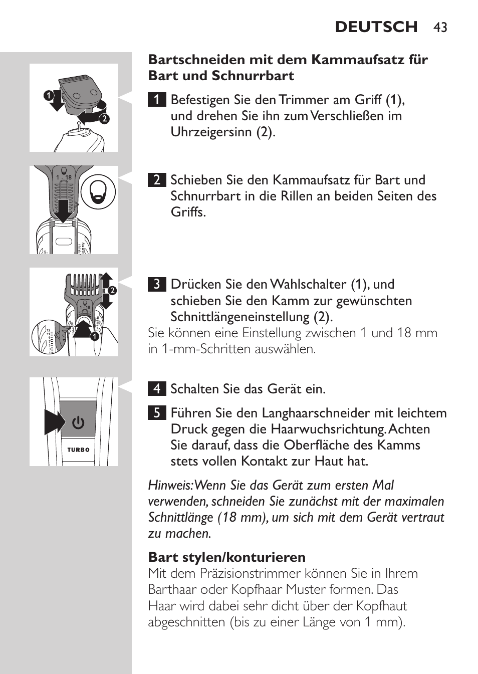 Philips MULTIGROOM Series 5000 Wasserdichtes Multitrim-Set GESICHT HAAR User Manual | Page 43 / 210