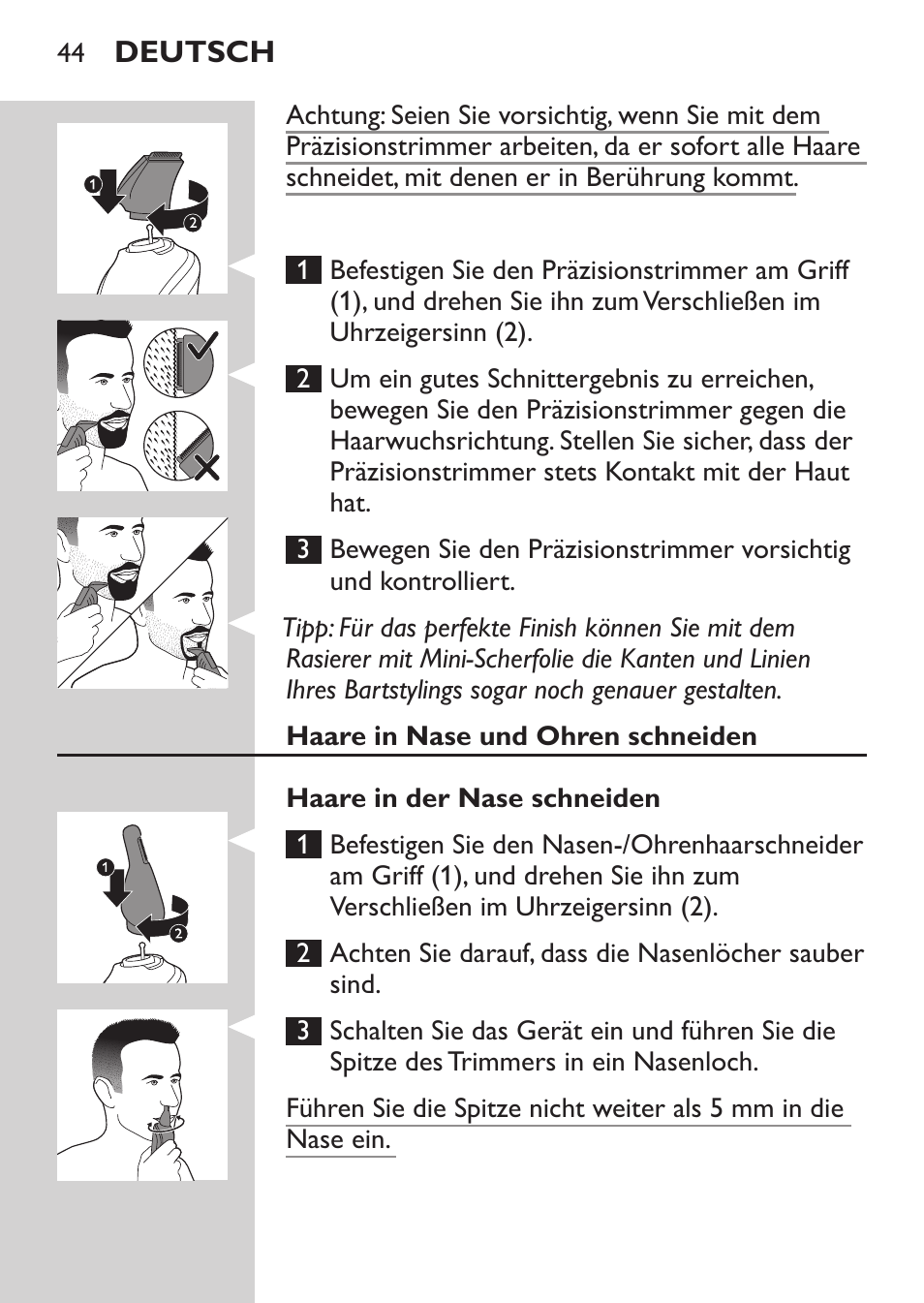 Philips MULTIGROOM Series 5000 Wasserdichtes Multitrim-Set GESICHT HAAR User Manual | Page 44 / 210