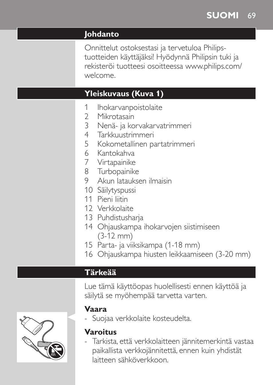 Suomi, Suomi 69 | Philips MULTIGROOM Series 5000 Wasserdichtes Multitrim-Set GESICHT HAAR User Manual | Page 69 / 210