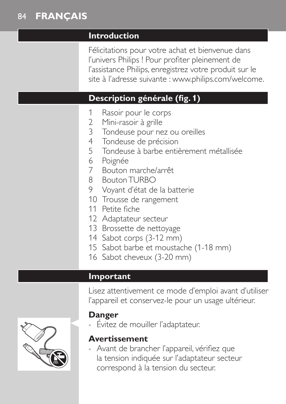 Français | Philips MULTIGROOM Series 5000 Wasserdichtes Multitrim-Set GESICHT HAAR User Manual | Page 84 / 210