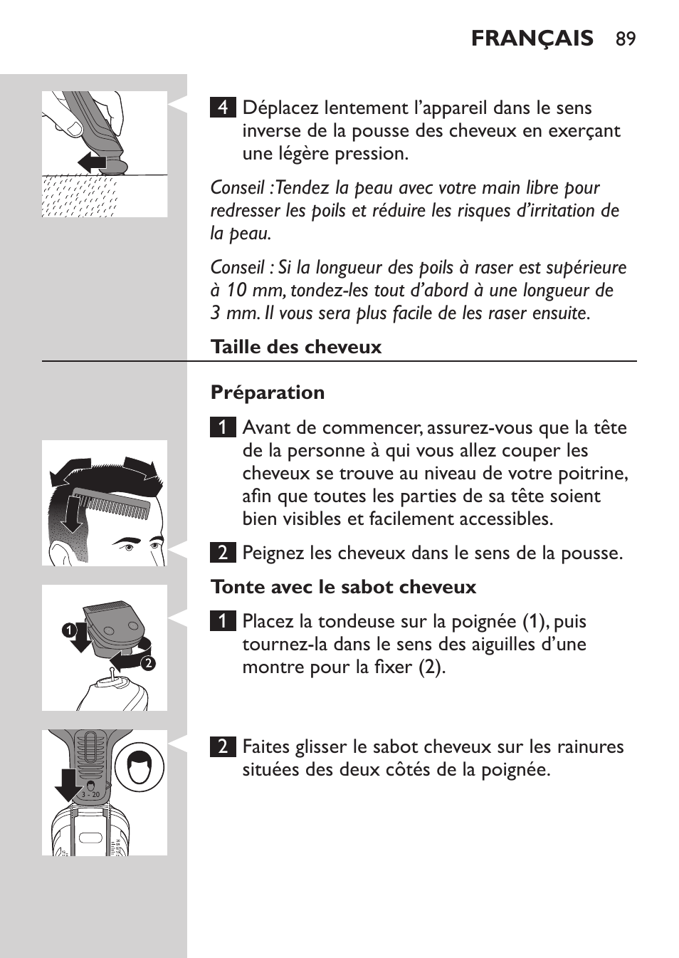 Français | Philips MULTIGROOM Series 5000 Wasserdichtes Multitrim-Set GESICHT HAAR User Manual | Page 89 / 210