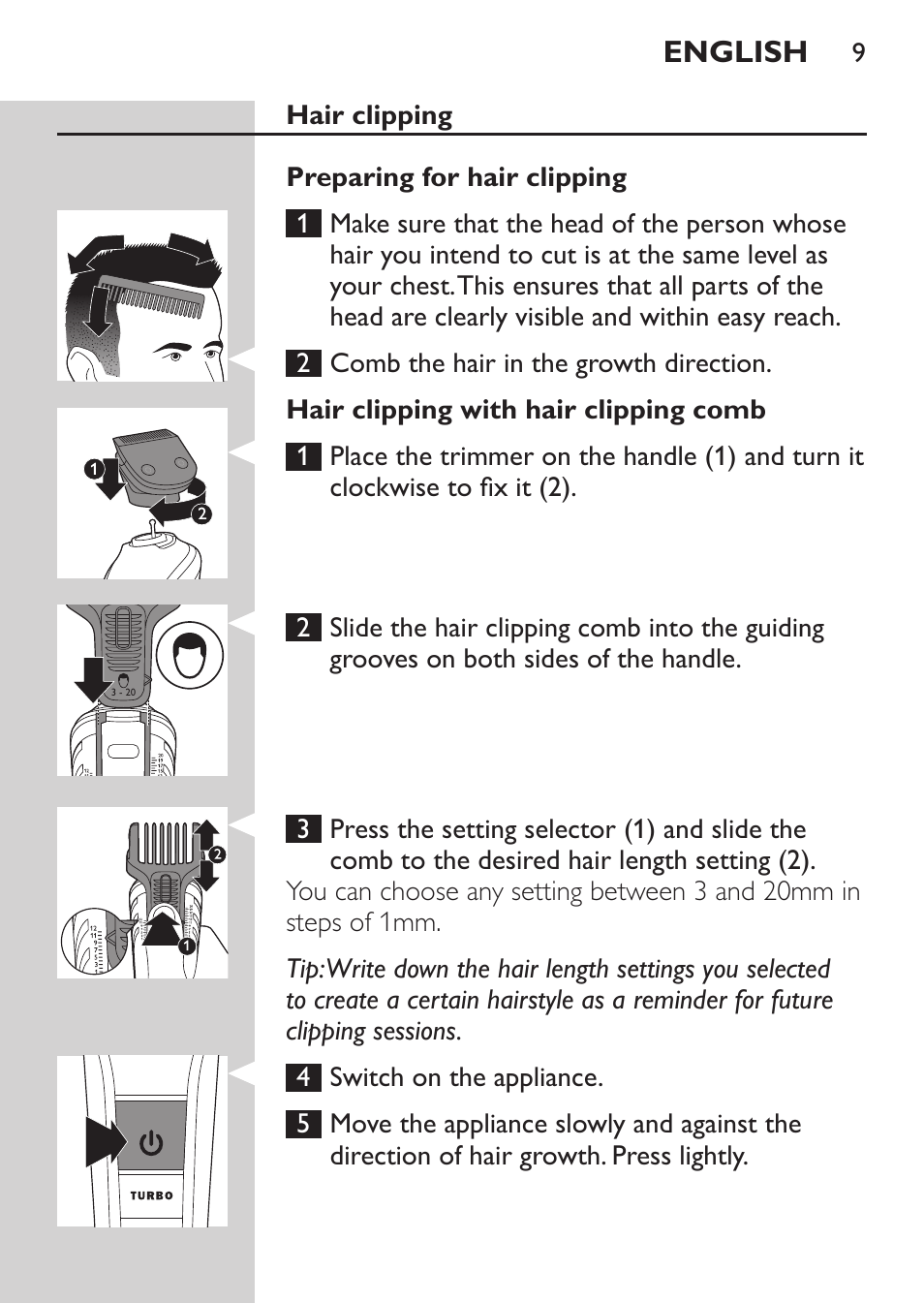 English | Philips MULTIGROOM Series 5000 Wasserdichtes Multitrim-Set GESICHT HAAR User Manual | Page 9 / 210