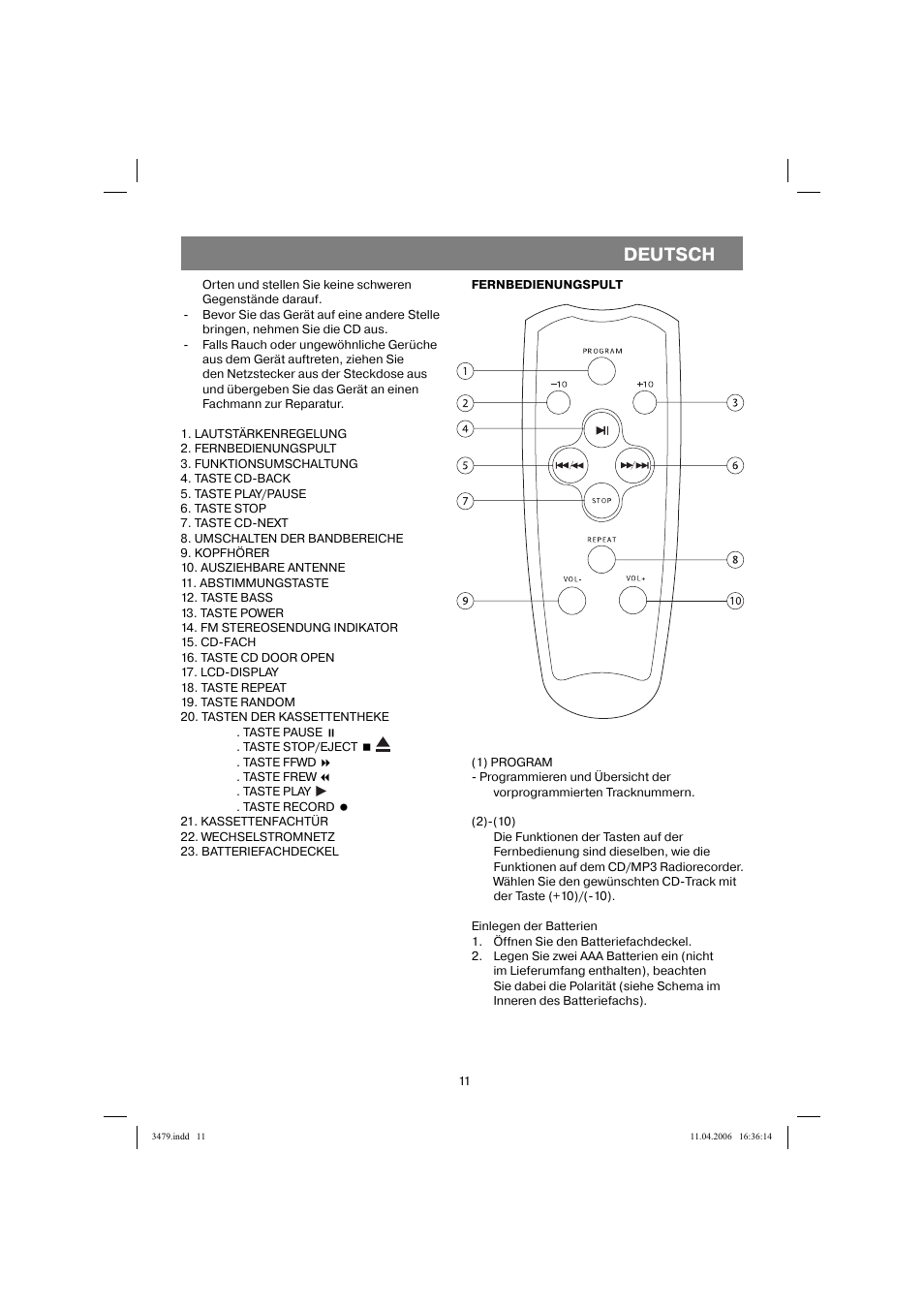 Deutsch | Vitek VT-3479 BK User Manual | Page 11 / 40
