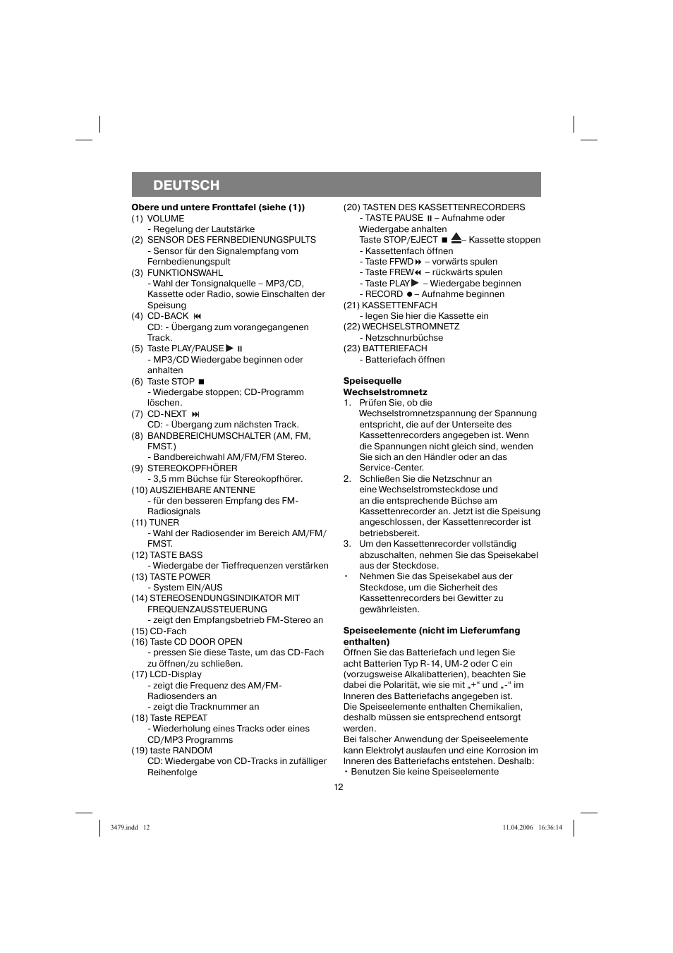 Deutsch | Vitek VT-3479 BK User Manual | Page 12 / 40