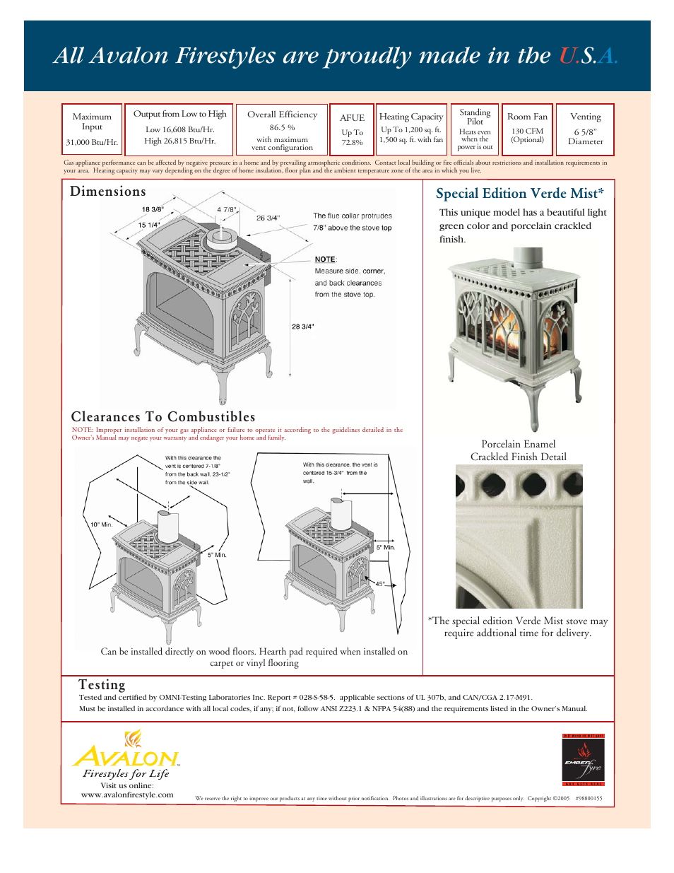 Dimensions clearances to combustibles, Testing, Special edition verde mist | Avalon Stoves Tree of Life User Manual | Page 4 / 4