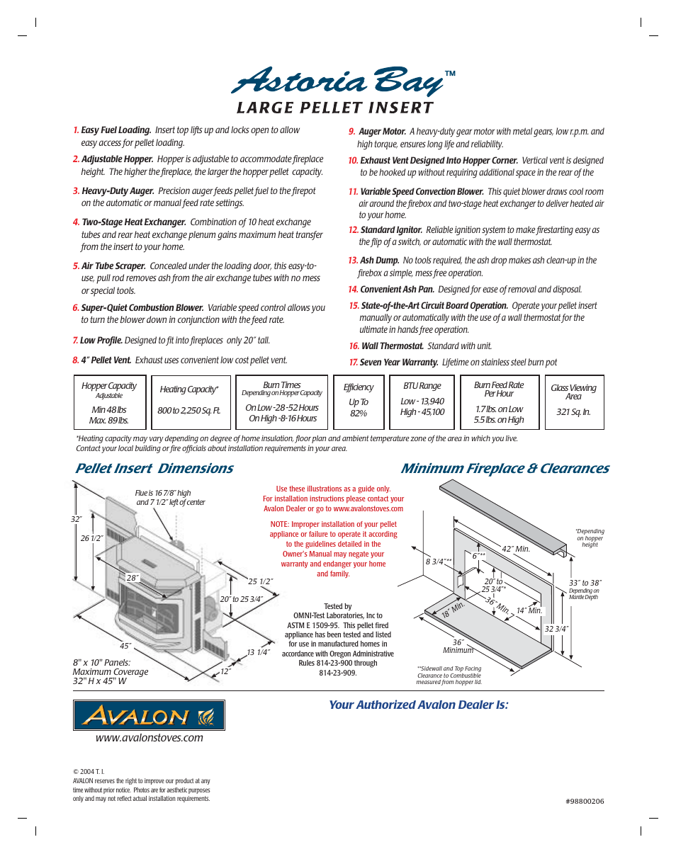 Pellet insert dimensions, Minimum fireplace & clearances, Your authorized avalon dealer is | Avalon Stoves Astoria Bay User Manual | Page 2 / 2