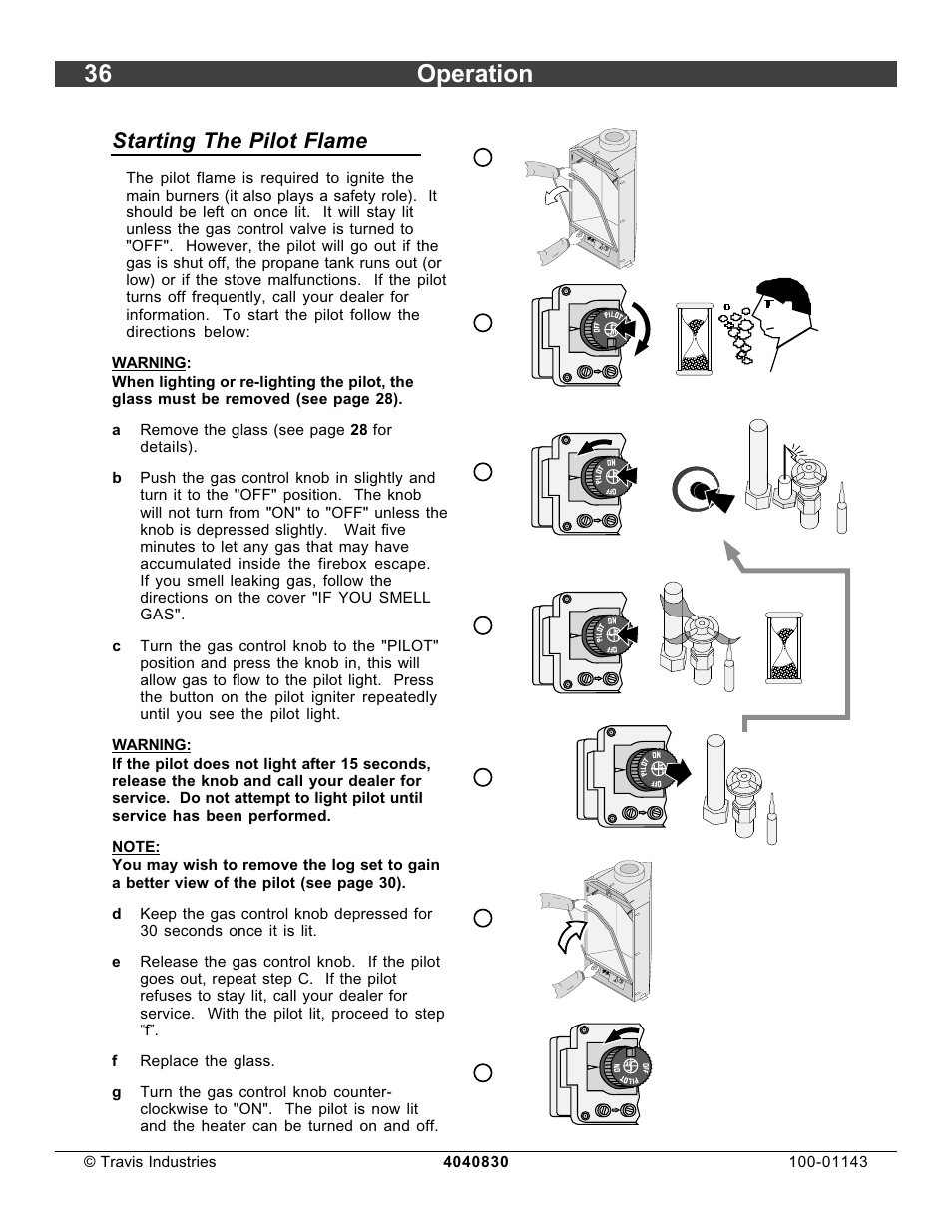 36 operation, Starting the pilot flame | Avalon Stoves 21 DV Fireplace User Manual | Page 36 / 50