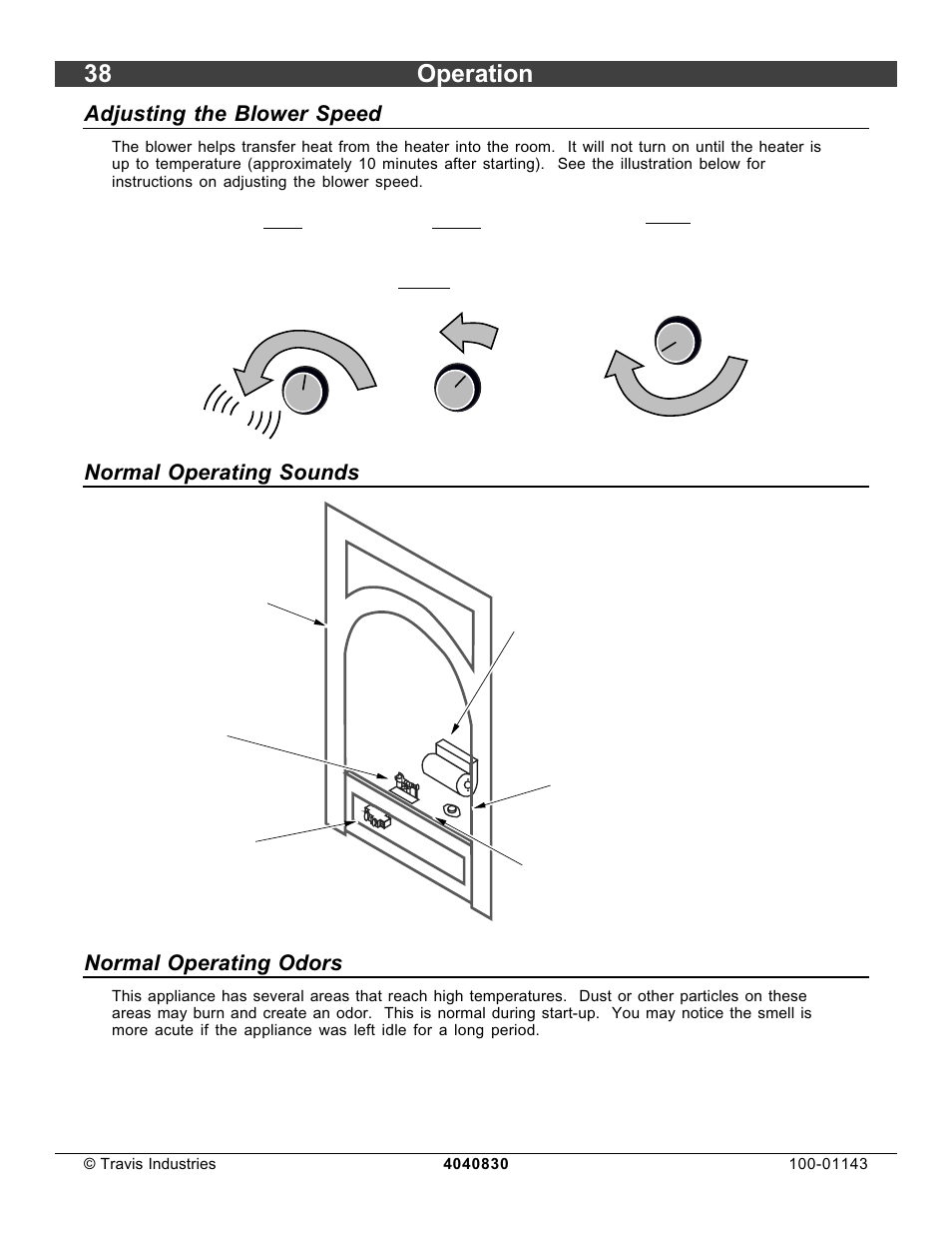 38 operation, Adjusting the blower speed, Normal operating sounds | Normal operating odors, High | Avalon Stoves 21 DV Fireplace User Manual | Page 38 / 50