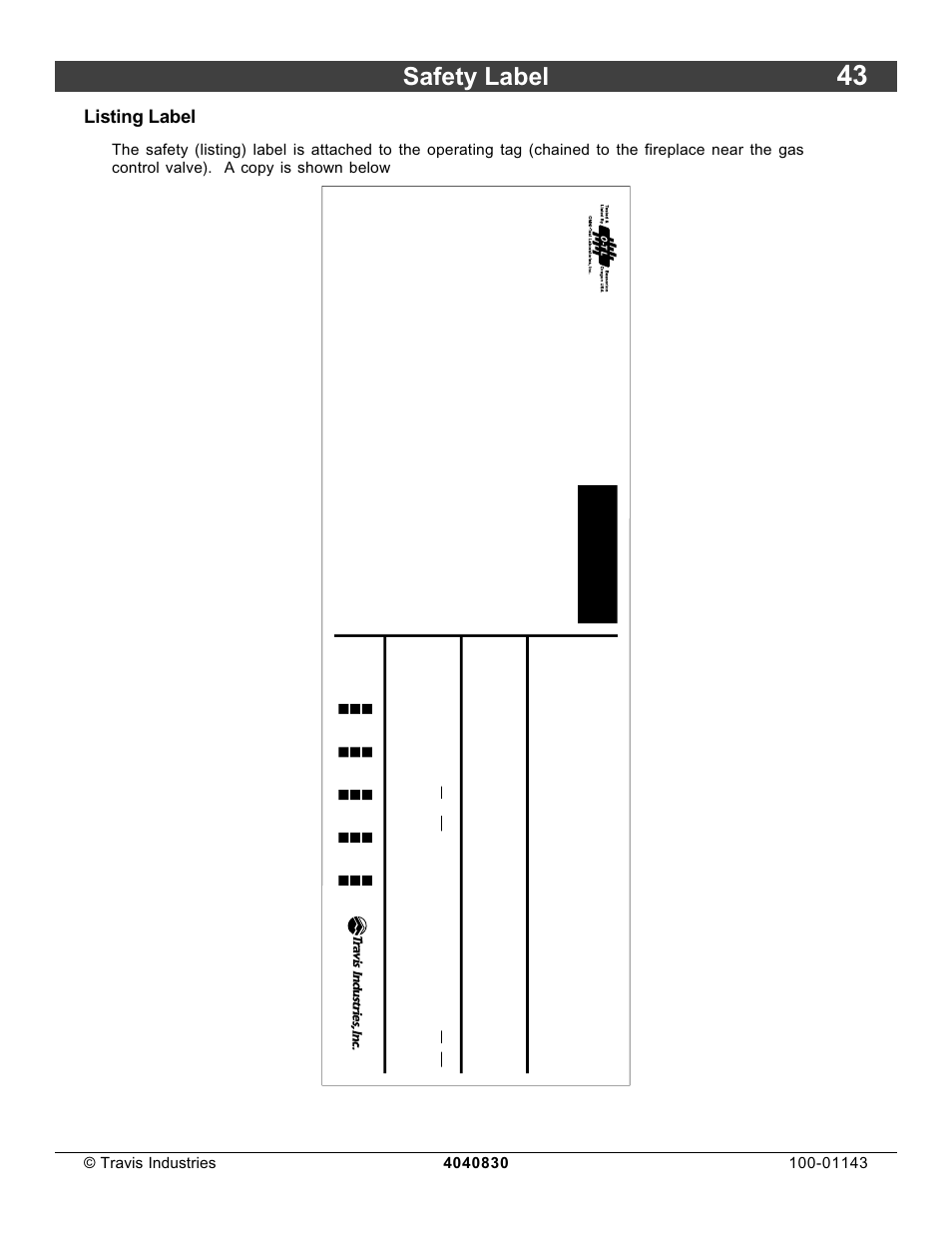 Safety label, Listing label | Avalon Stoves 21 DV Fireplace User Manual | Page 43 / 50