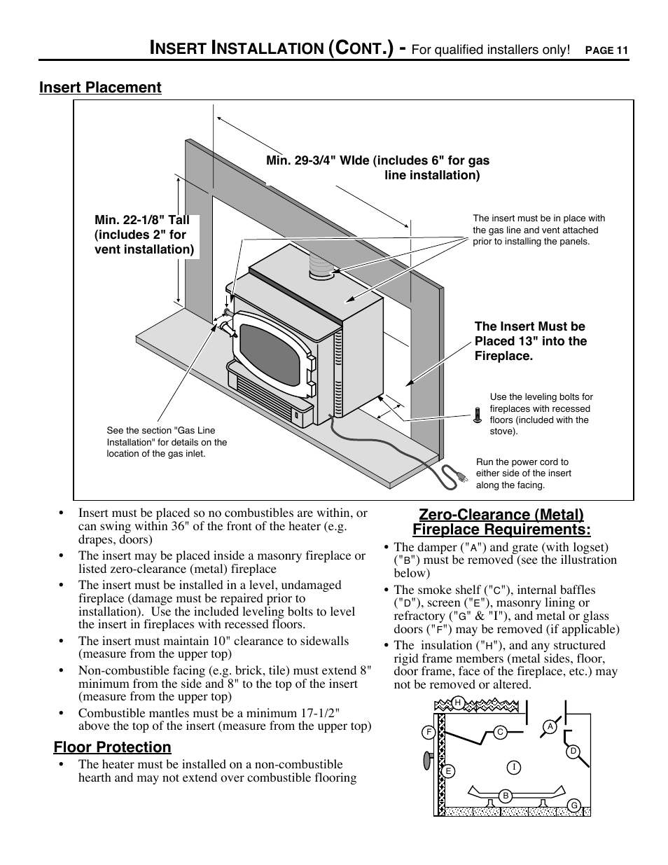 Nsert, Nstallation, Insert placement | Floor protection, Zero-clearance (metal) fireplace requirements | Avalon Stoves CHELAN B-VENT 700 B-VENT User Manual | Page 11 / 34