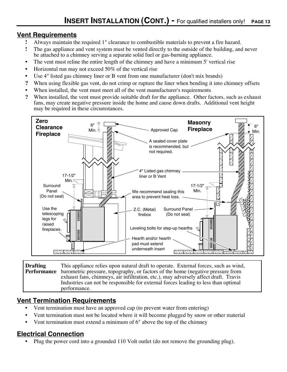 Nsert, Nstallation, Vent requirements | Vent termination requirements, Electrical connection | Avalon Stoves CHELAN B-VENT 700 B-VENT User Manual | Page 13 / 34