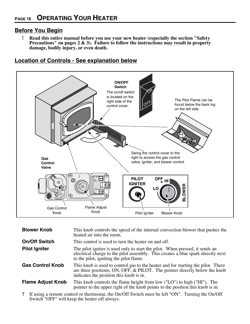 Operating your heater, Perating, Eater before you begin | Location of controls - see explanation below | Avalon Stoves CHELAN B-VENT 700 B-VENT User Manual | Page 16 / 34