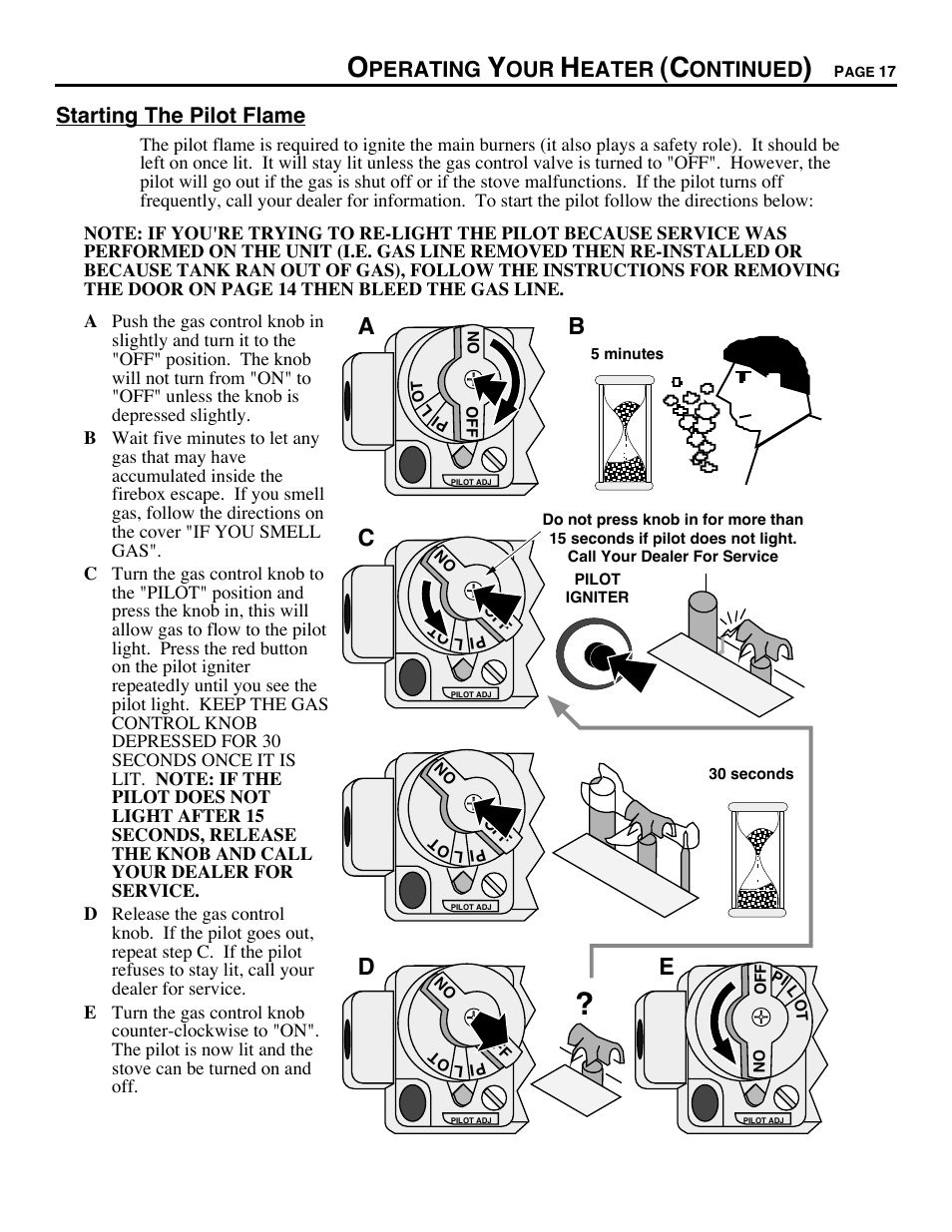 Ab c d, Perating, Eater | Ontinued, Starting the pilot flame | Avalon Stoves CHELAN B-VENT 700 B-VENT User Manual | Page 17 / 34