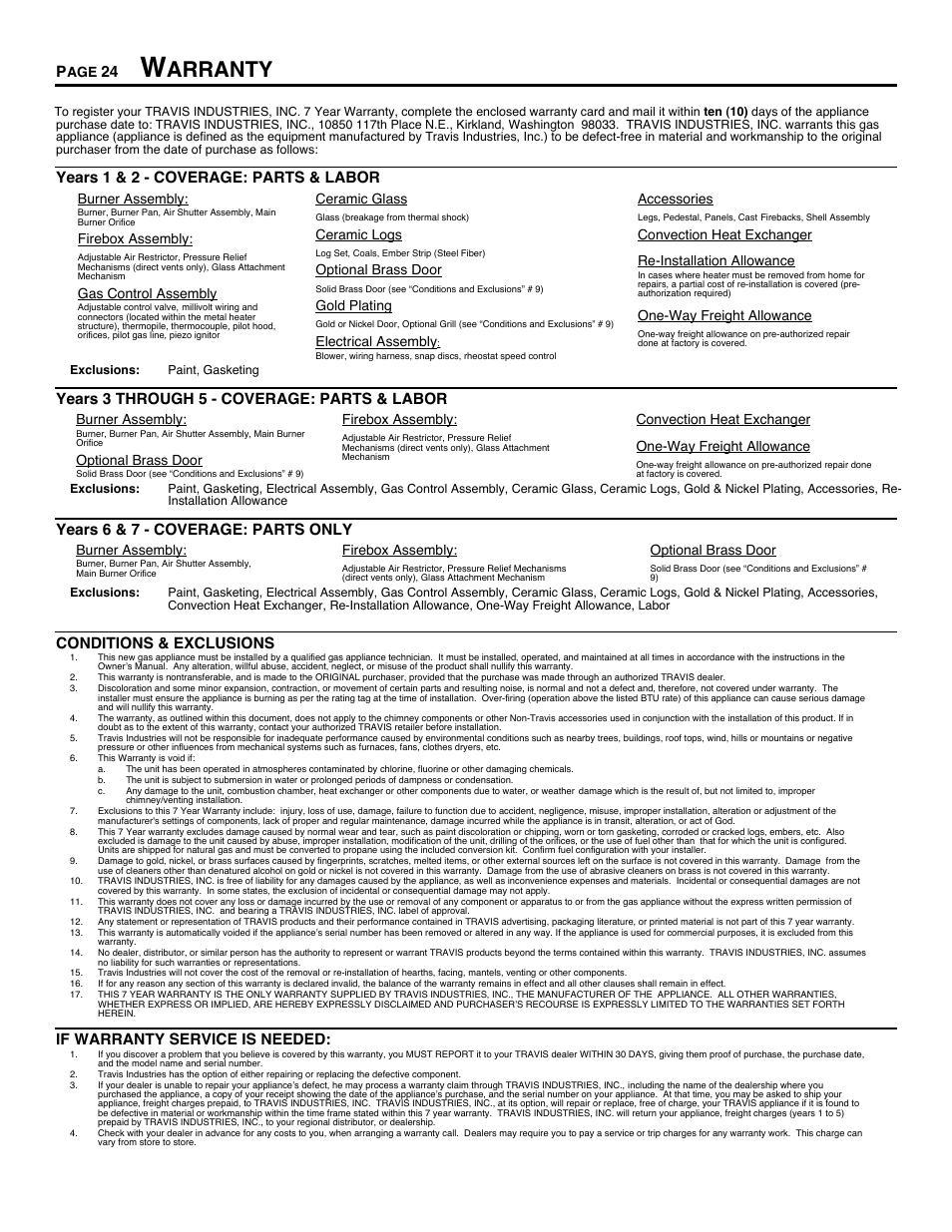 Warranty, Arranty, Years 1 & 2 - coverage: parts & labor | Years 3 through 5 - coverage: parts & labor, Years 6 & 7 - coverage: parts only, Conditions & exclusions, If warranty service is needed | Avalon Stoves CHELAN B-VENT 700 B-VENT User Manual | Page 24 / 34