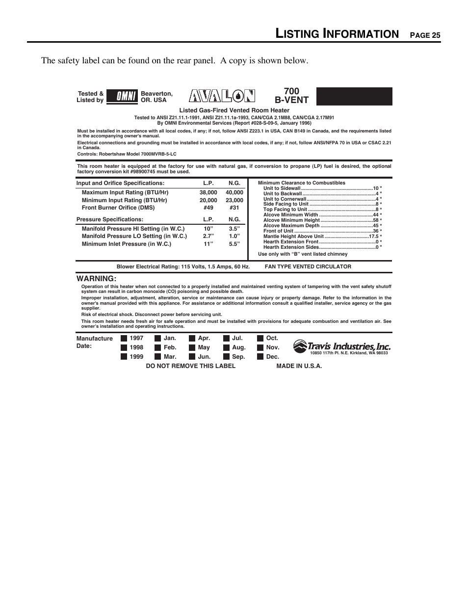 Listing information, Isting, Nformation | 700 b-vent | Avalon Stoves CHELAN B-VENT 700 B-VENT User Manual | Page 25 / 34