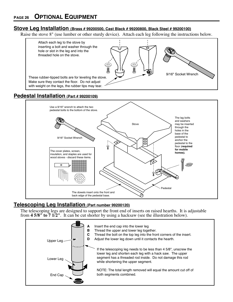 Optional equipment, Ptional, Quipment stove leg installation | Pedestal installation, Telescoping leg installation | Avalon Stoves CHELAN B-VENT 700 B-VENT User Manual | Page 26 / 34