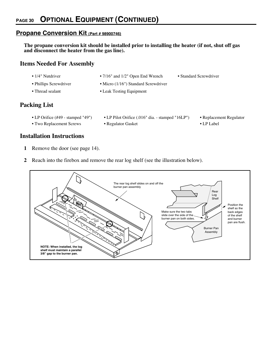 Ptional, Quipment, Ontinued | Propane conversion kit, Items needed for assembly, Packing list, Installation instructions | Avalon Stoves CHELAN B-VENT 700 B-VENT User Manual | Page 30 / 34