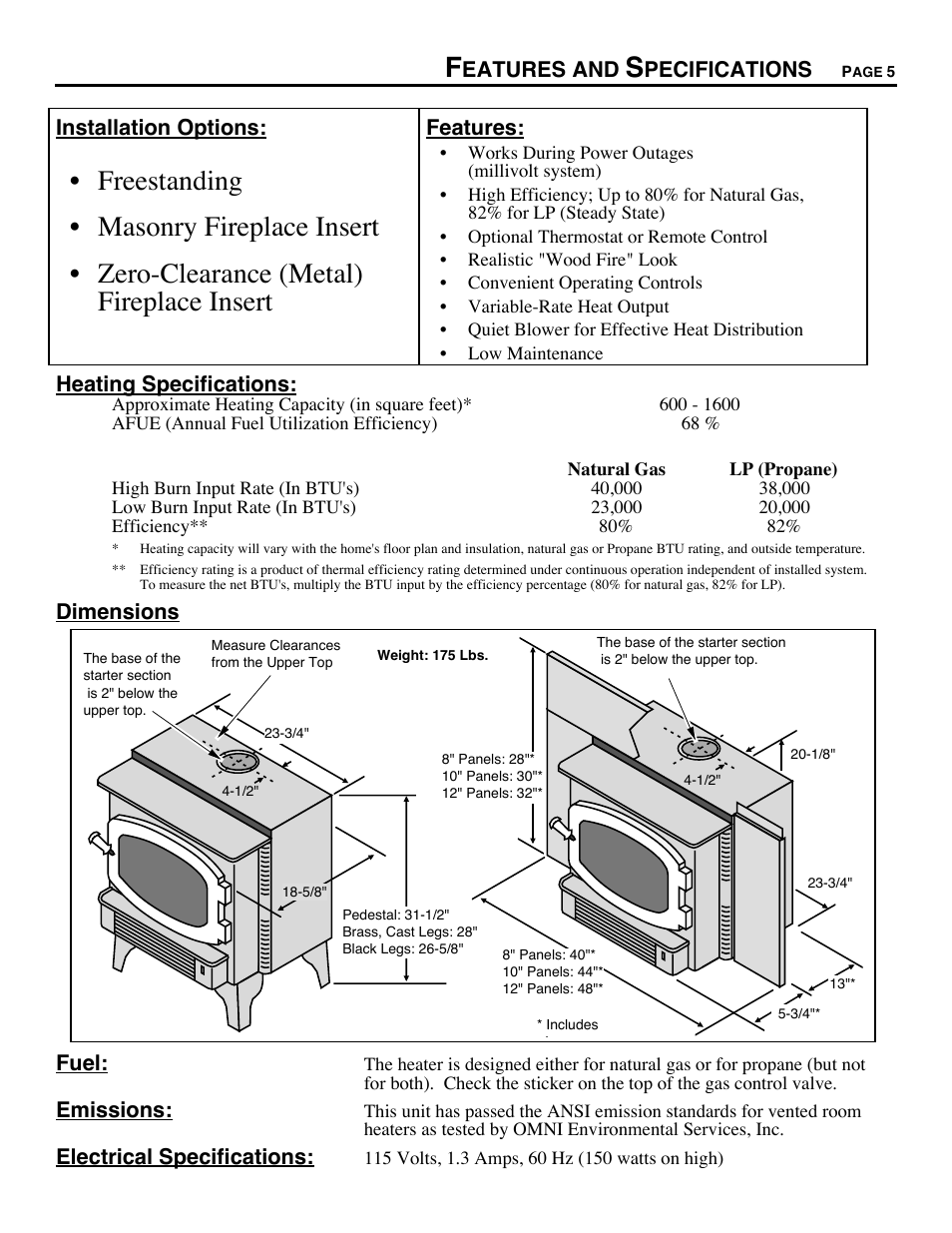 Features and specifications | Avalon Stoves CHELAN B-VENT 700 B-VENT User Manual | Page 5 / 34