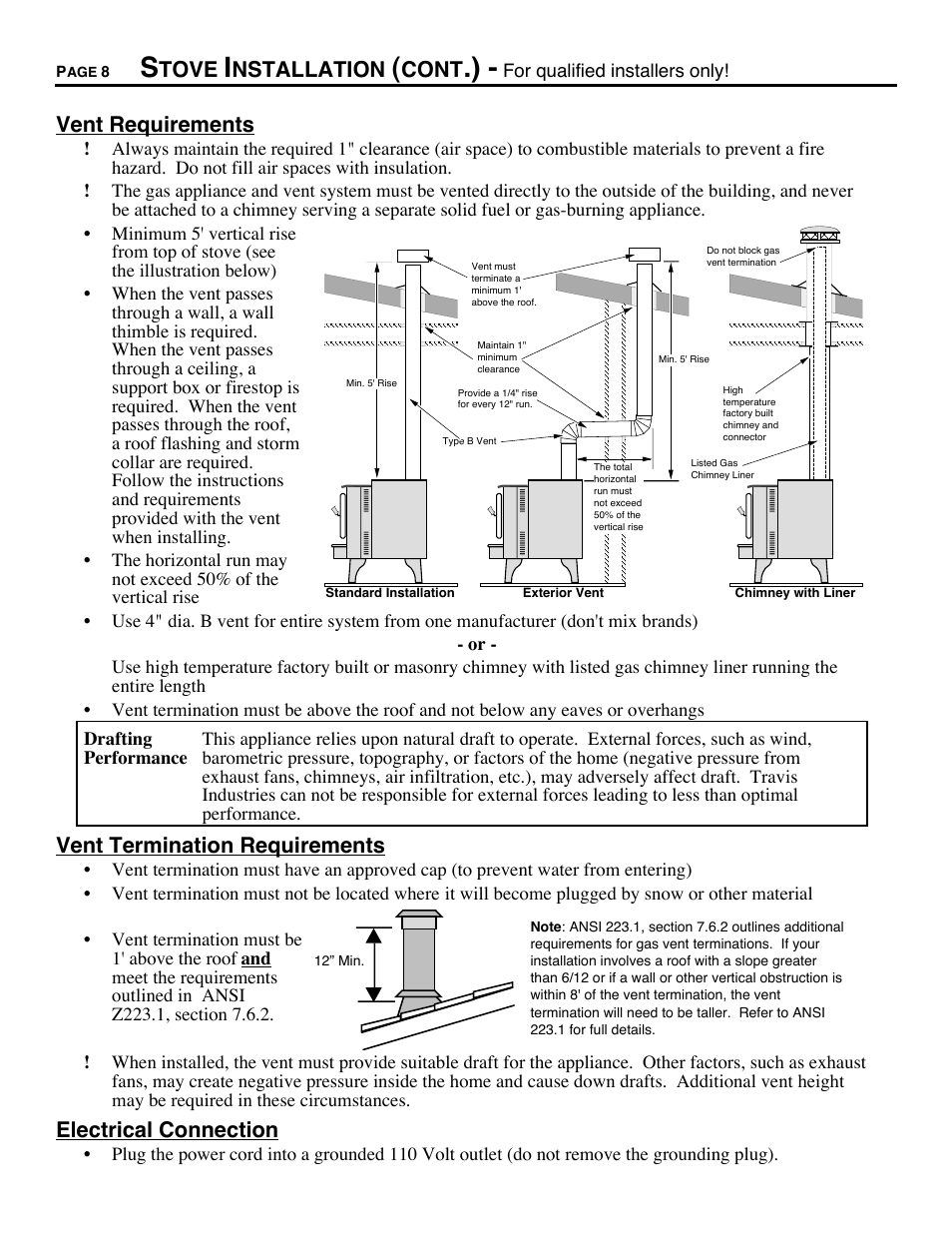 Tove, Nstallation, Cont | Vent requirements, Vent termination requirements, Electrical connection | Avalon Stoves CHELAN B-VENT 700 B-VENT User Manual | Page 8 / 34